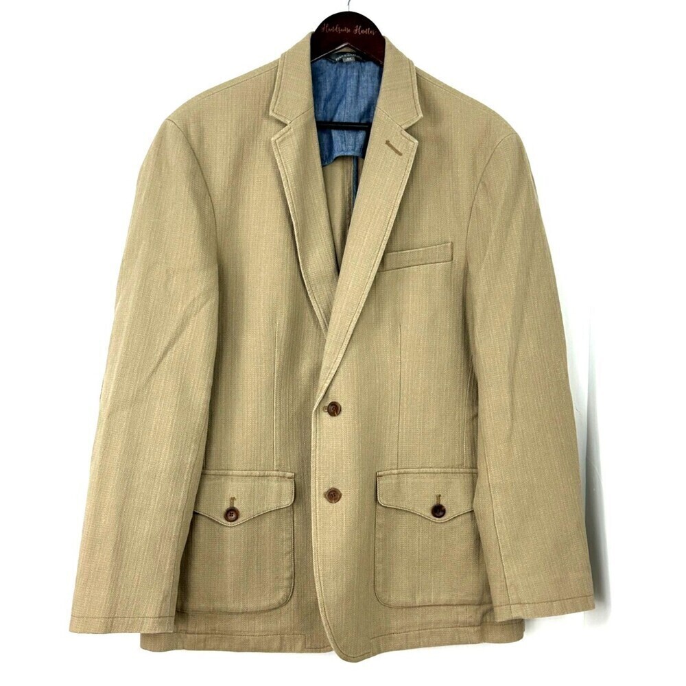 L L Bean‎ Signature Mens Blazer Sport Coat Canvas Beige Elbow Patch Cotton Sz 44